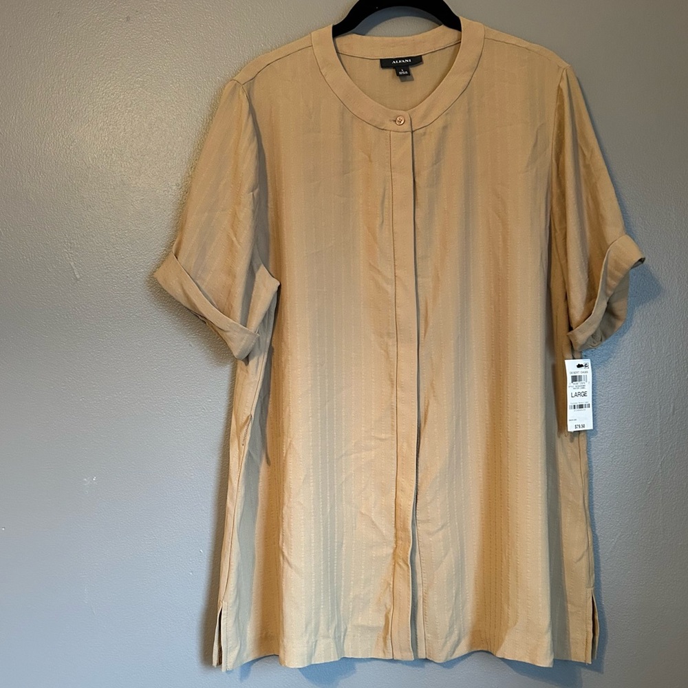NWT Alfani Sz Large Desert Oasis Camel Tan Short Sleeve Button-up Blouse Top!